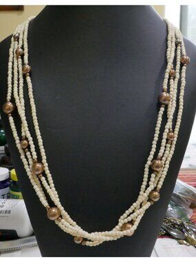 Vintage 4-Strand Cream Seed Bead Necklace | Metallic Bronze Accents | Boho Chic